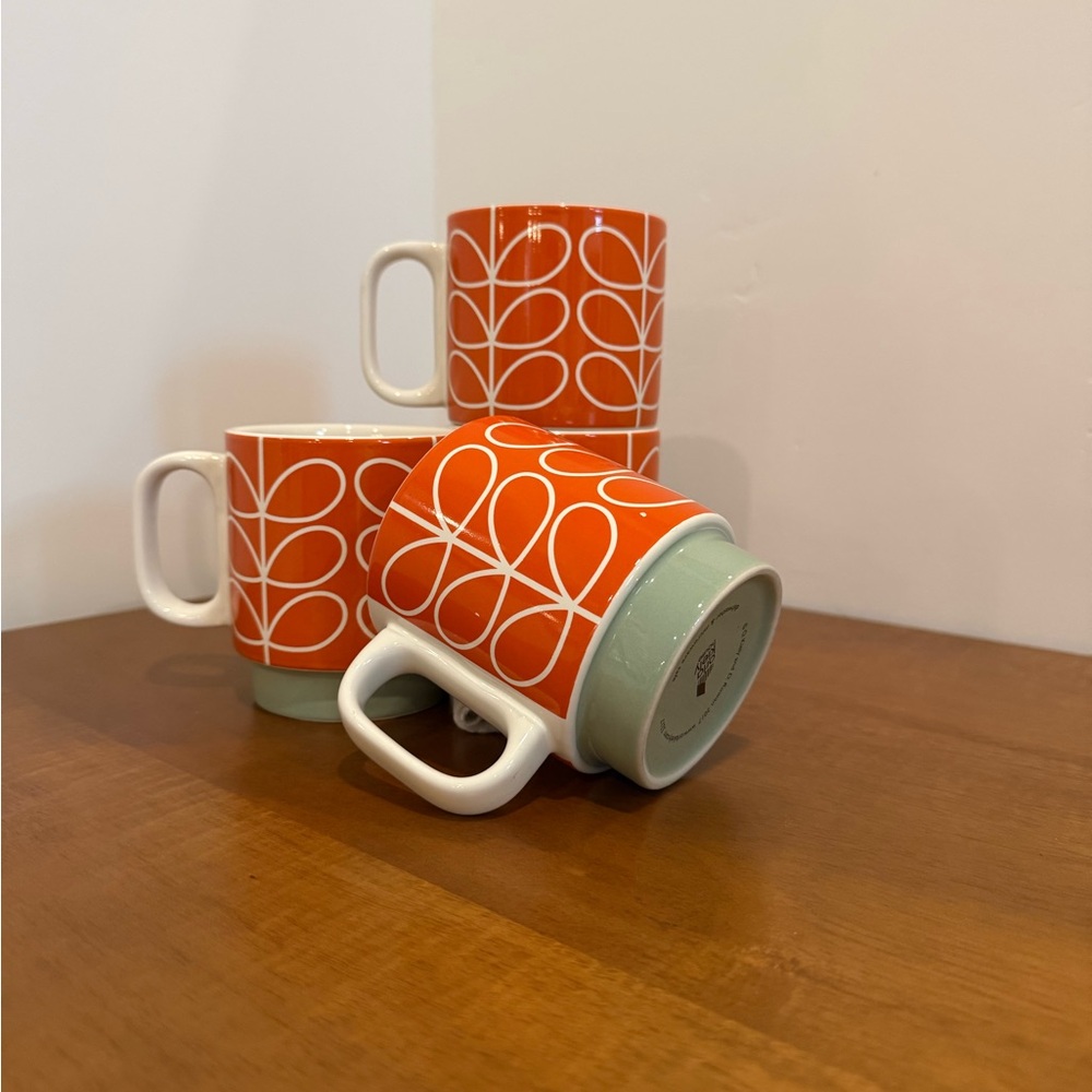Orla Kiely Orange and White Linear Stem Midcentury Pattern Mugs - Set of 4